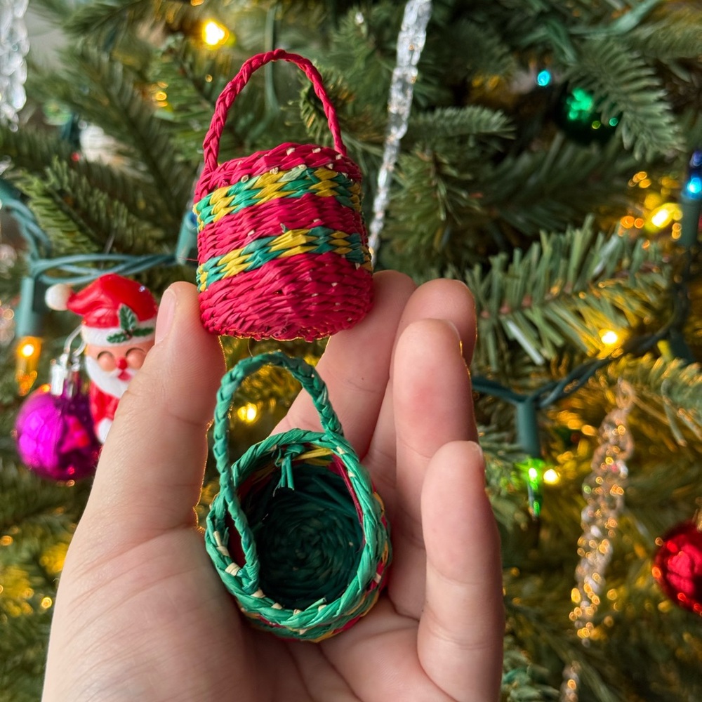 Colorful Handmade Woven Miniature Basket Set of 2 Christmas Tree Ornaments